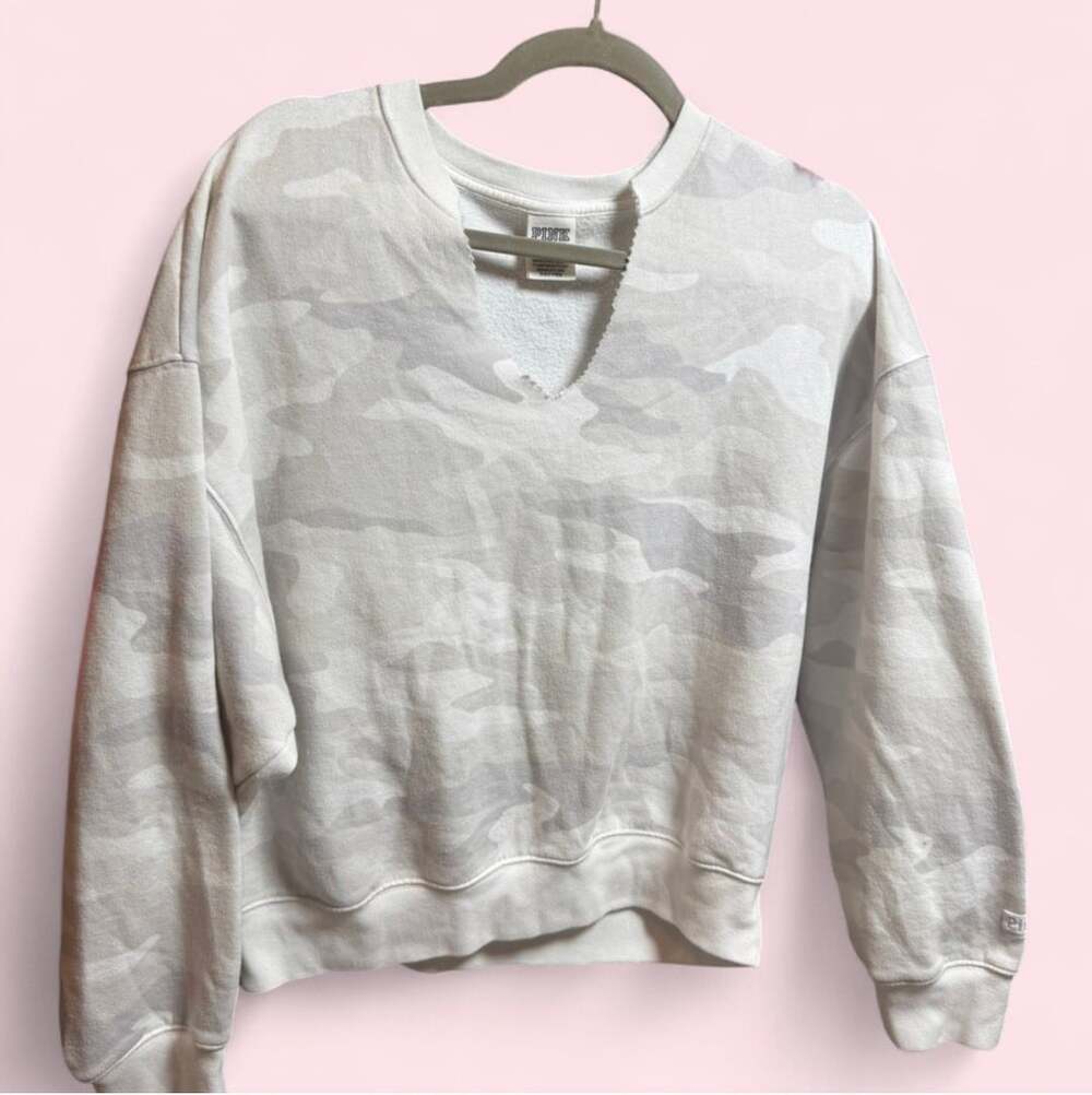 PINK Victoria's Secret White and Gray Camo Oversized Crewneck Sweatshirt